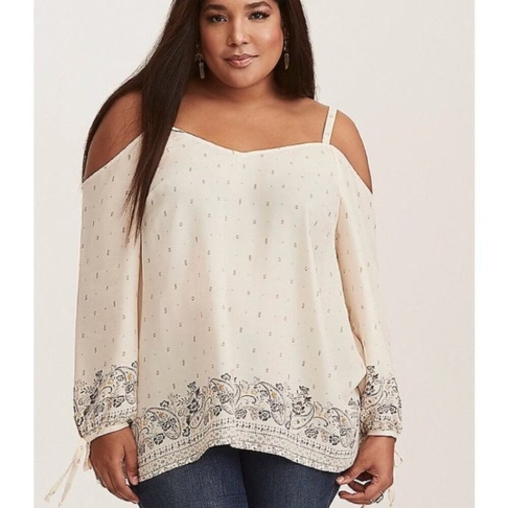 Torrid Top 2X Cream Paisley Cold Shoulder Long Sleeve Boho Blouse